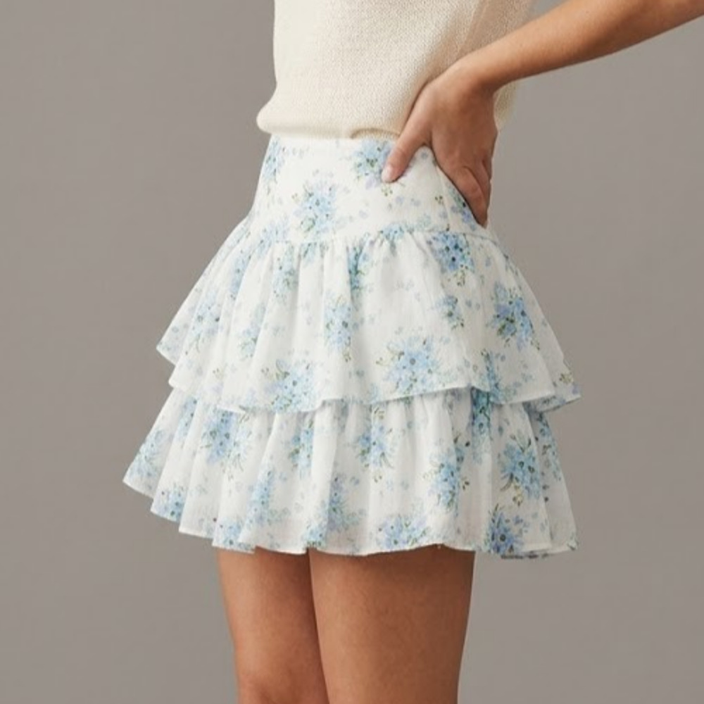 Altar'd State Floral Mini Skirt Size M Blue White Ruffle Tiered Boho Cottagecore